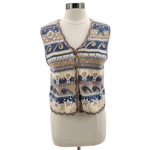 Vintage Sigrid Olsen Sport Ramie Seashell Blue Ivory Sweater Vest Top Medium - Picture 1 of 10